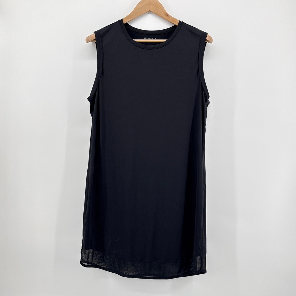 Athleta Mesh Around Tank Dress Black Sleeveless Shift Midi Mesh Hem Size Large